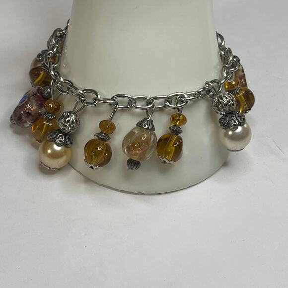 bracelet signed costume jewelry charm style faux pearl silver amber color beads - Picture 5 of 9